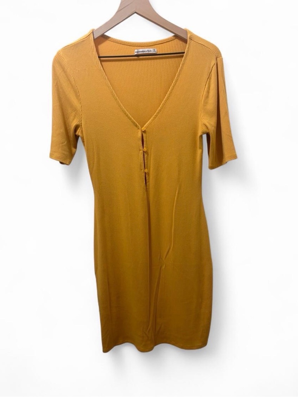 Abercrombie & Fitch Mustard Yellow Ribbed Mini Dress Medium Tall - Picture 3 of 5